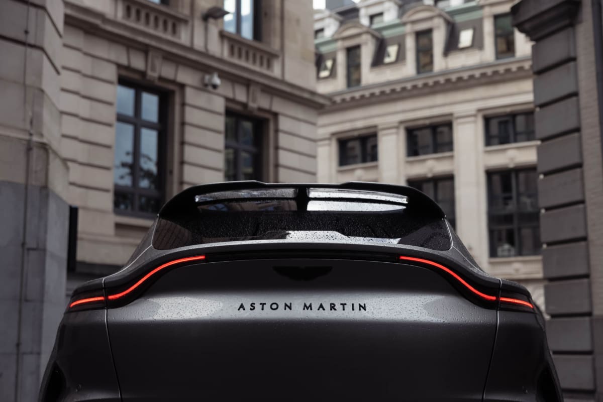 Rear view of the Aston Martin DBX707 with LED light bar, photographed in Belgium.
